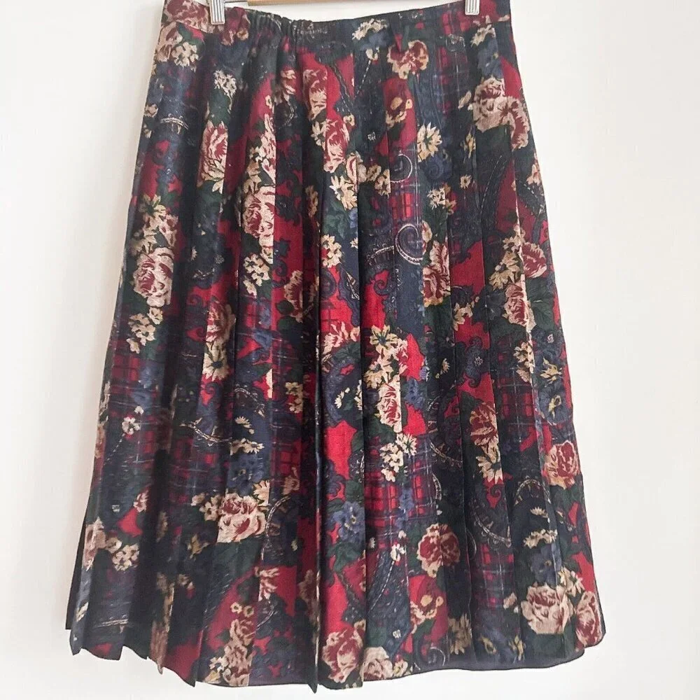 Vintage Hammer Floral Paisley Print Pleated Midi Skirt Wool L